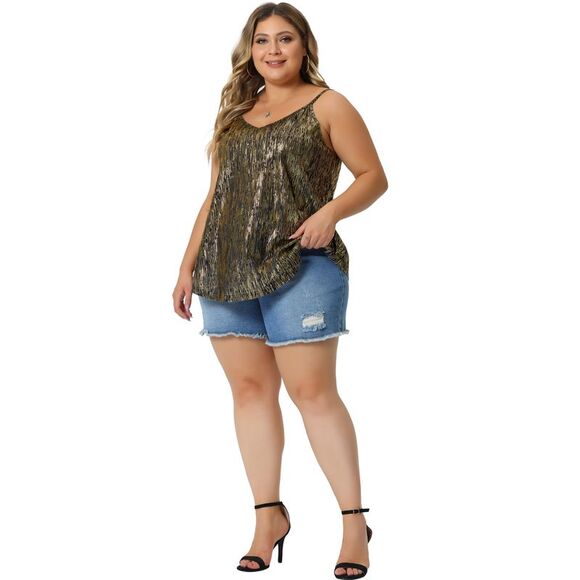 Sparkle Sequin Plus Size Cami Tops Metallic Glitter Tank Tops Black Gold - Picture 3 of 6